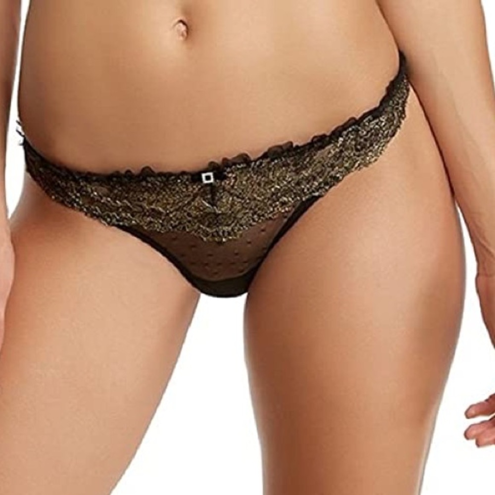 BLACK BOW FELINA LA DAME RUFFLED THONG BLACK AND GOLD LARGE  NWOT